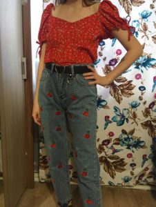 Cherry Embroidered High Waist Jeans photo review