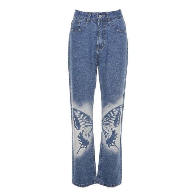 Butterfly Spray Print High Waist Denim Jeans | Blue / L