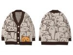 Cartoon Cat Print Knitted Cardigan | Brown / XL