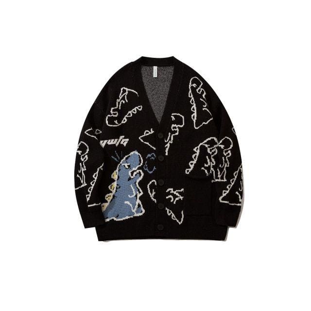 Dinosaur Cartoon Knitted Sweater | Black / XL