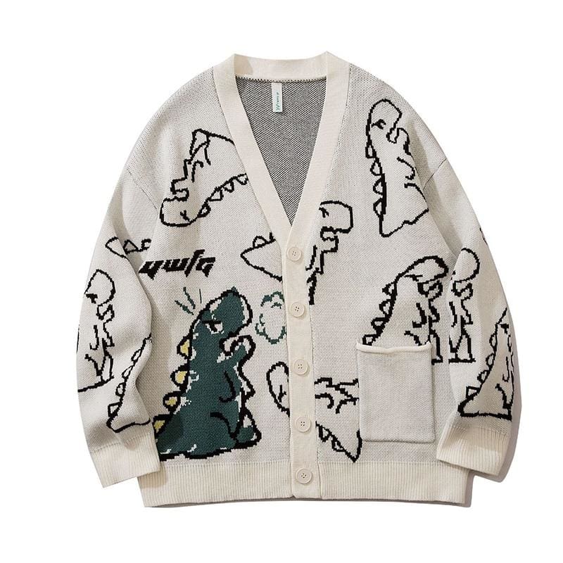 Dinosaur Cartoon Knitted Sweater | White / S