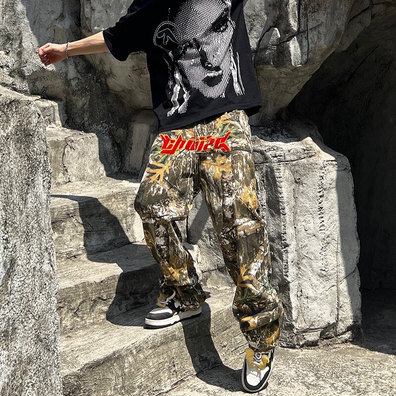 Forest Print Embroidered Camo Jeans