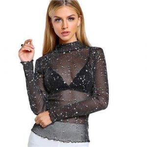 Glittery Mesh Blouse | Black / XS