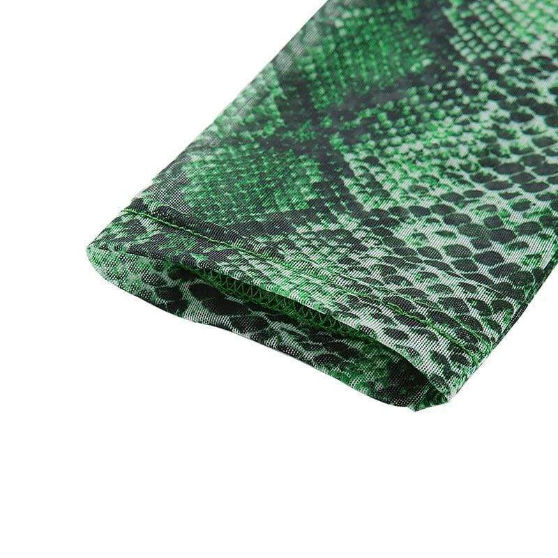 Green Snake High Neck Mesh Long Sleeve Crop Top