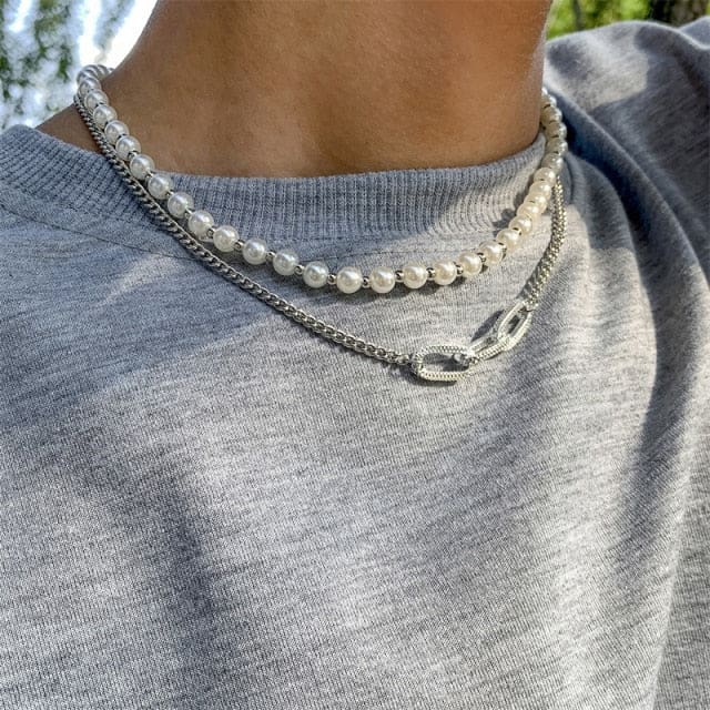 Pearl Necklace Link Chain Set | Silver