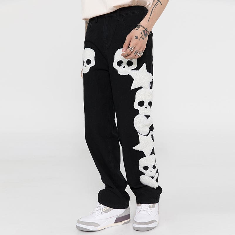 Skull and Five Stars Embroidered Jeans