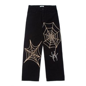 Spider Web Embroidery Straight Jeans | Black / 33