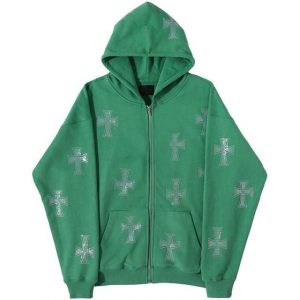 Unknown Cross Rhinestone Hoodie - Green | S