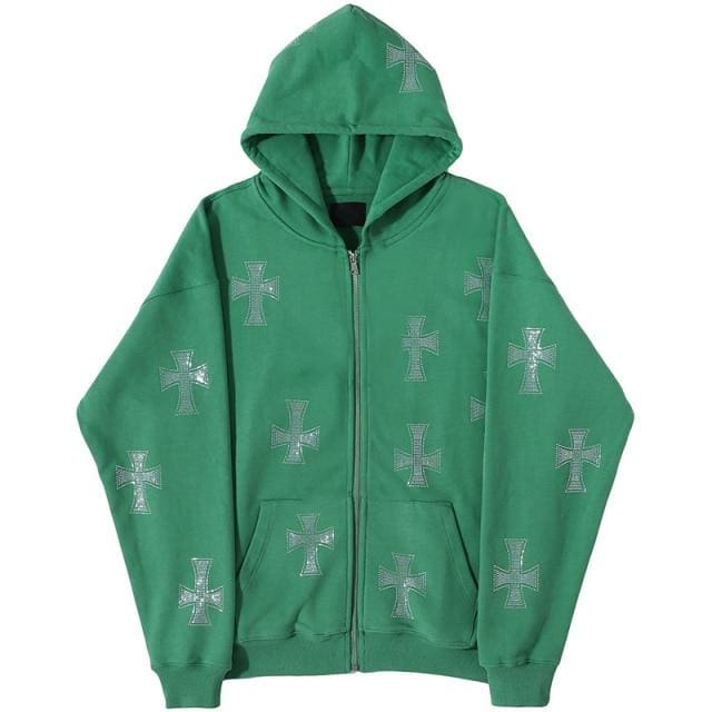 Unknown Cross Rhinestone Hoodie - Green - Streetgarm