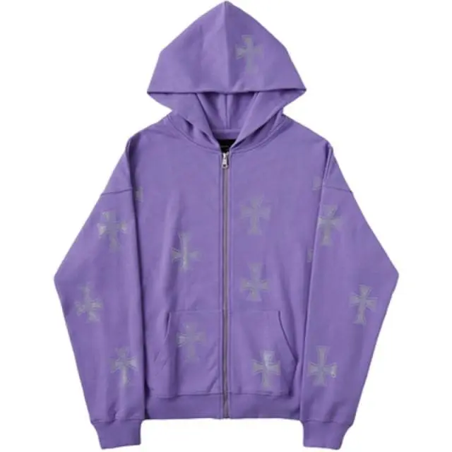 Unknown Cross Rhinestone Hoodie - Purple - Streetgarm