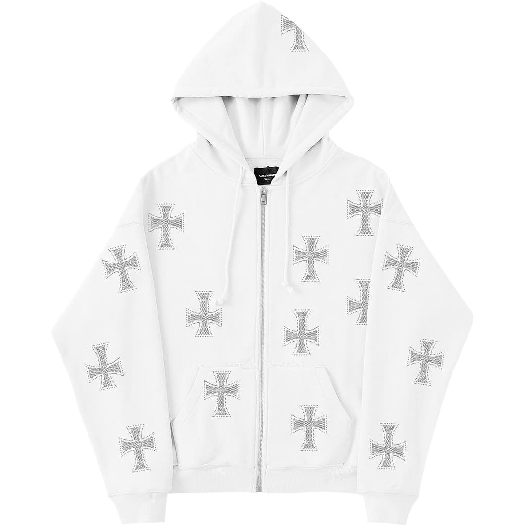 Unknown Cross Rhinestone Hoodie - White - Streetgarm