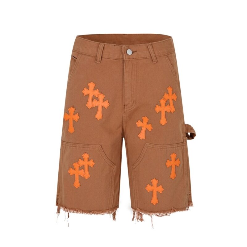 Orange Leather Cross Black Denim Shorts